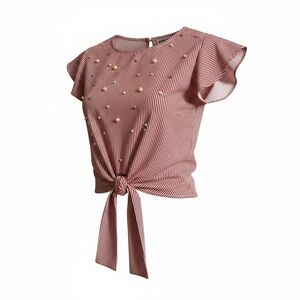 Kontrol Red Striped Tie-Front Blouse with Pearl Embellishments